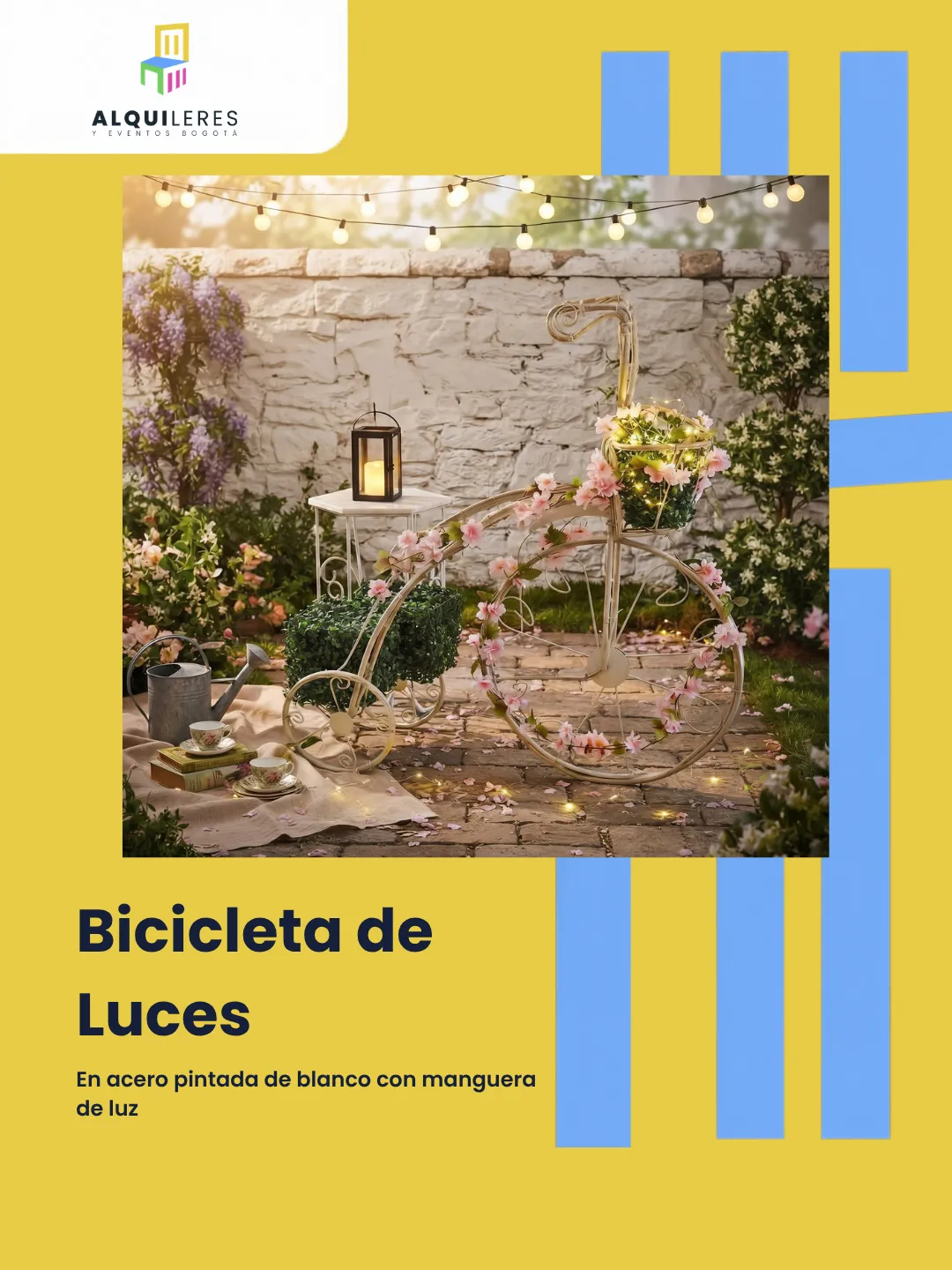 Bicicleta decorativa blanca con manguera de luz para rincón de fotos