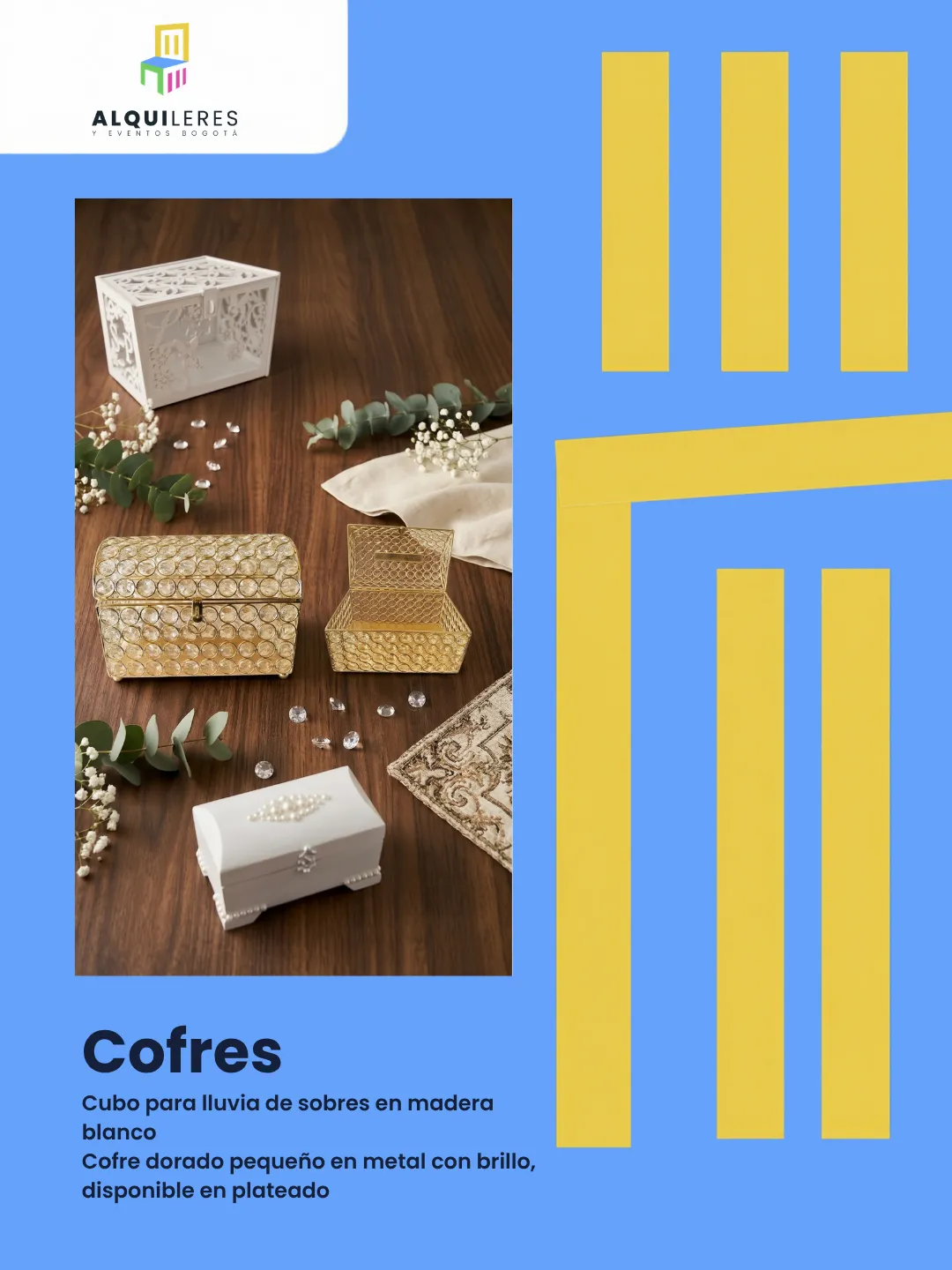 Cubo en madera blanca calada y cofres metálicos dorados con brillo para lluvia de sobres