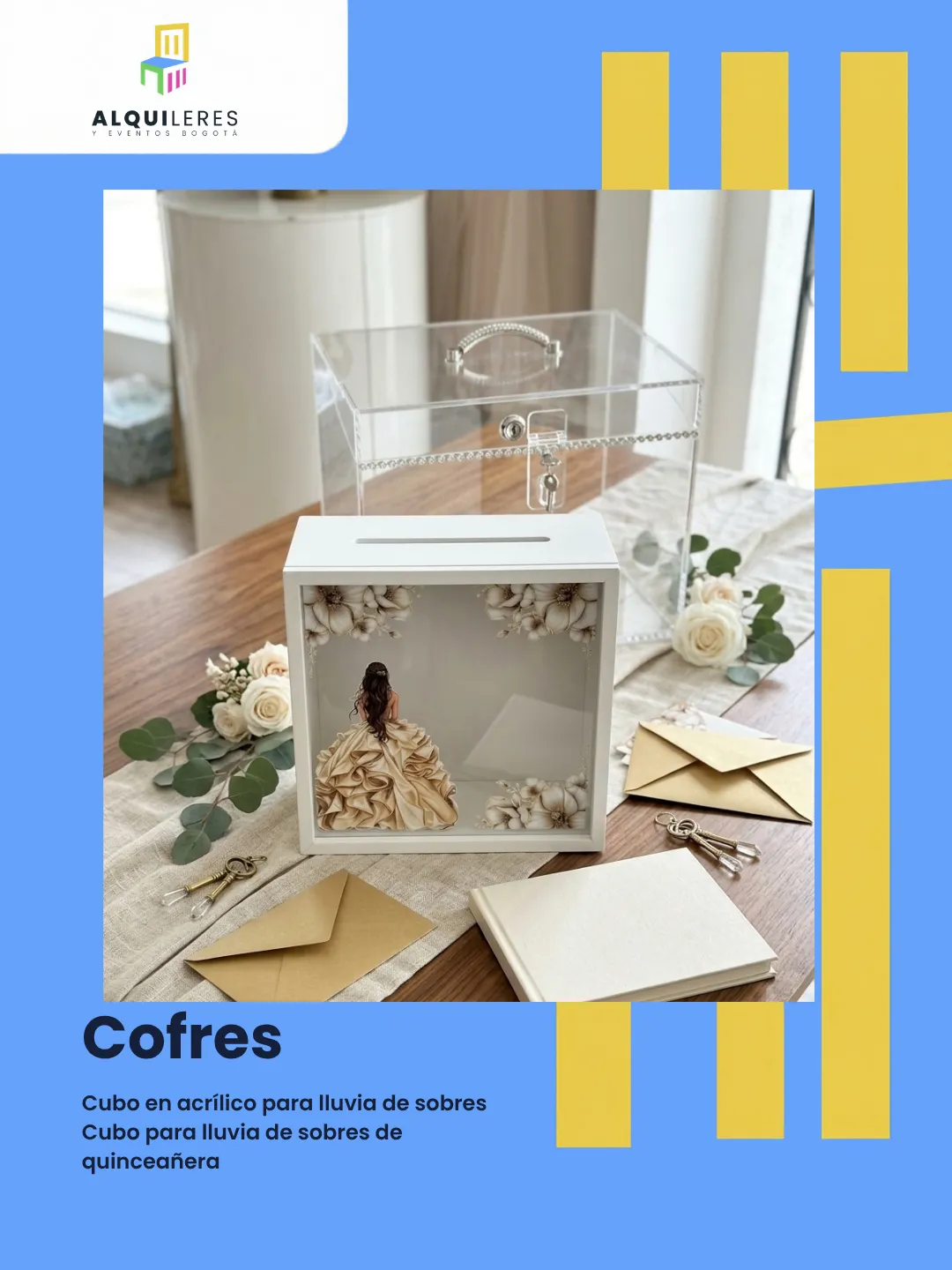 Cubo en acrílico con cerradura y cubo blanco temático de quinceañera para lluvia de sobres