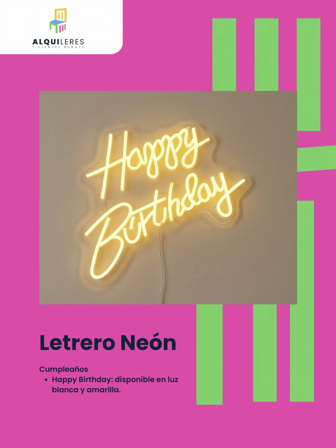 Letrero neón "Happy Birthday" en luz amarilla