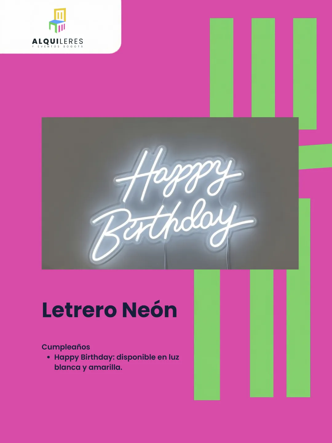 Letrero neón "Happy Birthday" en luz blanca