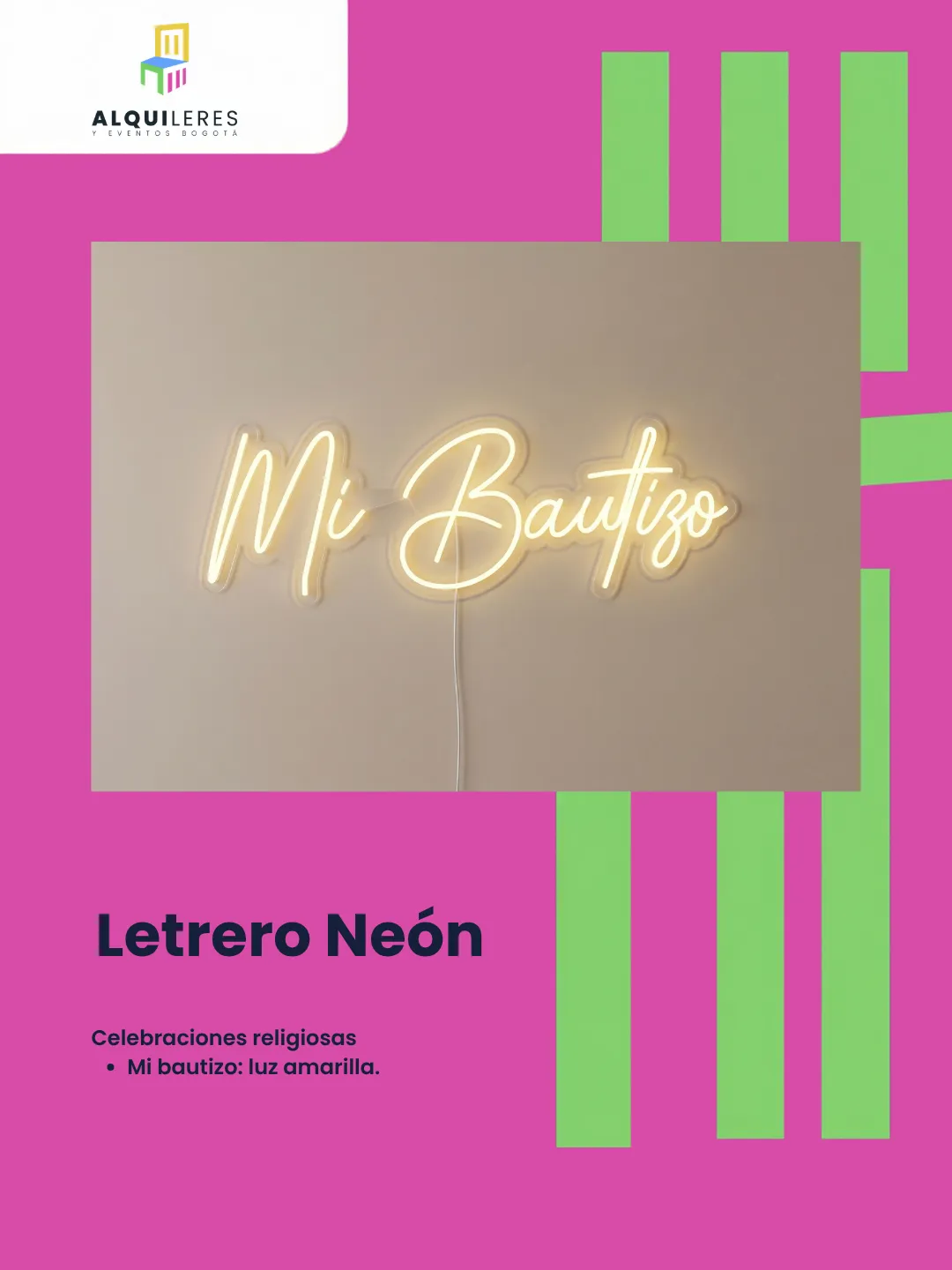 Letrero neón "Mi bautizo" en luz cálida