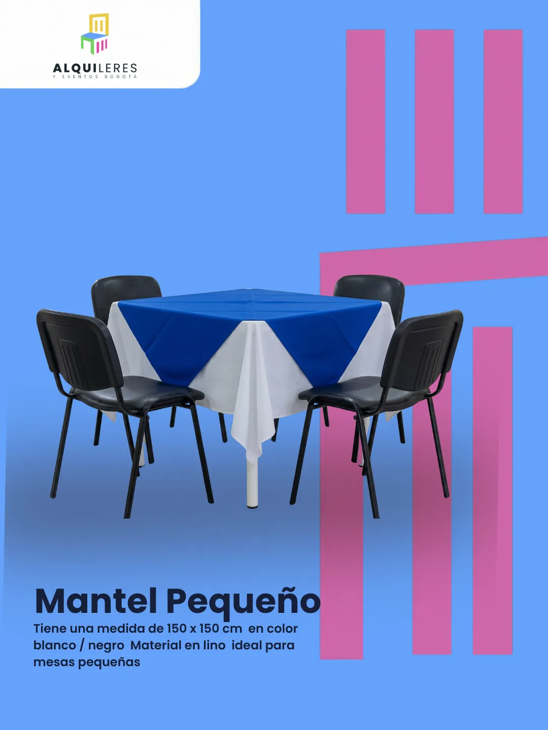 Mantel cuadrado blanco de 150 × 150 cm con sobremantel azul en mesa pequeña