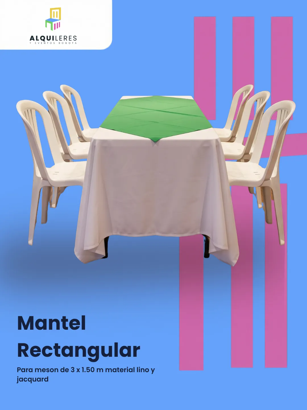 Mantel rectangular blanco con sobremantel verde en mesón con sillas plásticas blancas