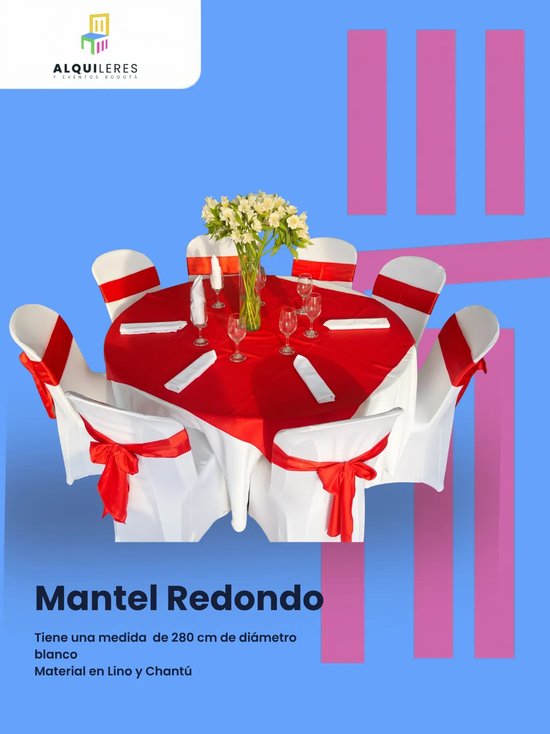 Mantel redondo blanco con sobremantel rojo y sillas con forro blanco y cinta roja