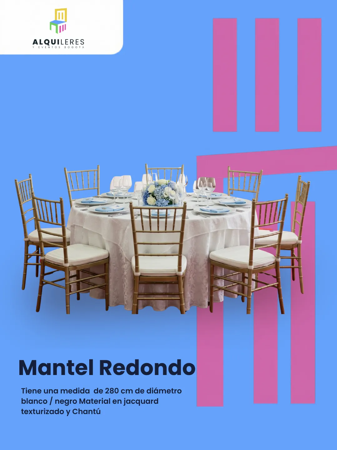 Mantel redondo blanco en jacquard texturizado de 280 cm con sillas Tiffany doradas
