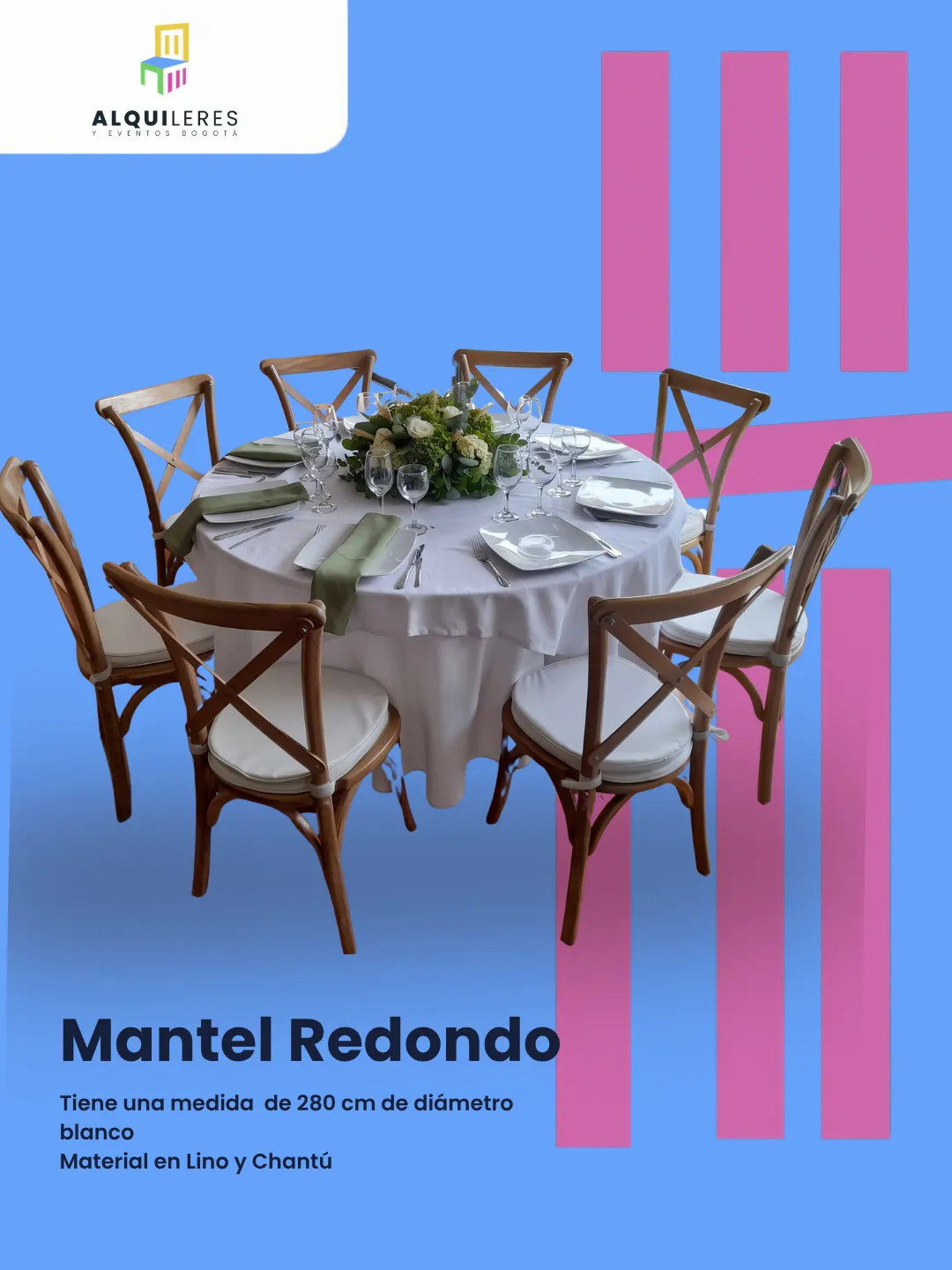 Mantel redondo blanco en lino de 280 cm con sillas Crossback y servilletas verdes