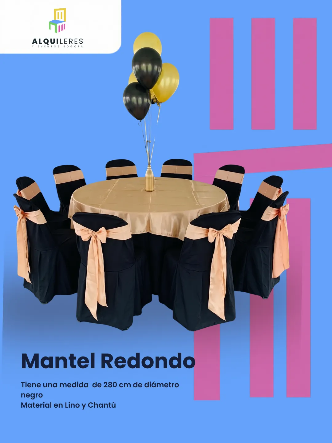 Mantel redondo negro de 280 cm con sobremantel dorado y sillas con forro negro y cinta durazno