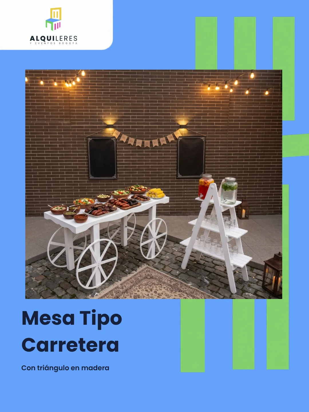 Mesa tipo carreta blanca con ruedas y estante tipo escalera para estación de comida, alquiler de mesas vintage en Bogotá