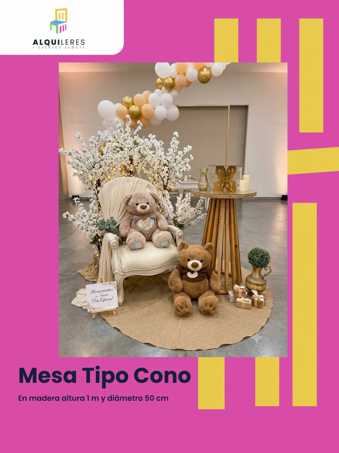 Mesa tipo cono en listones de madera natural de 1 m de alto en montaje de baby shower