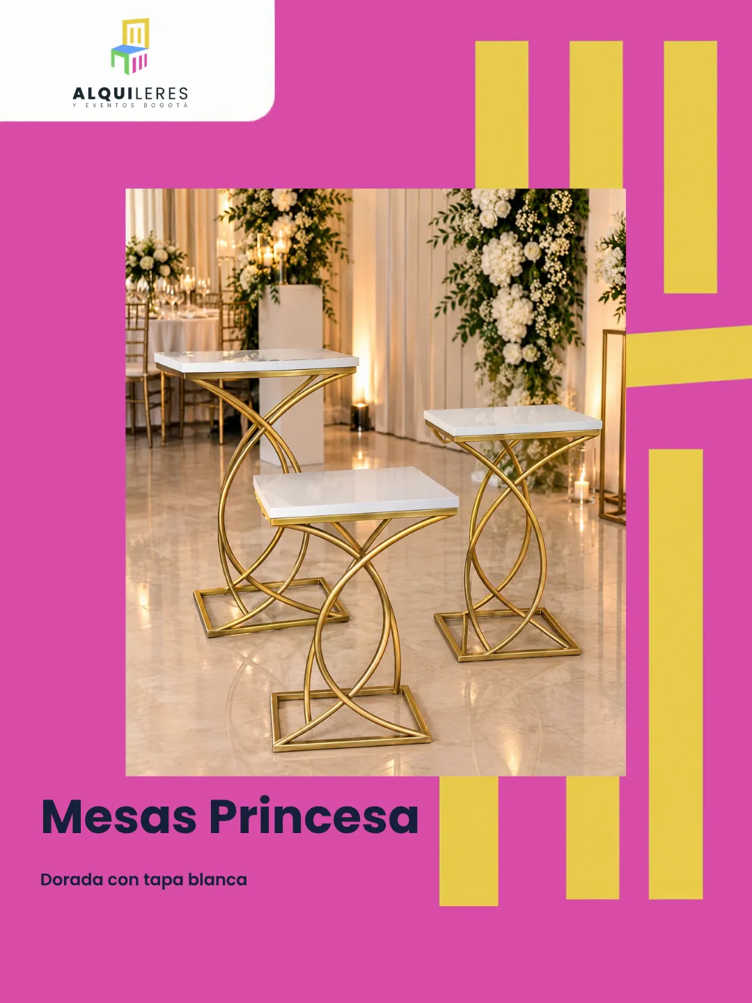 Mesas princesa doradas con curvas entrelazadas y tapa blanca