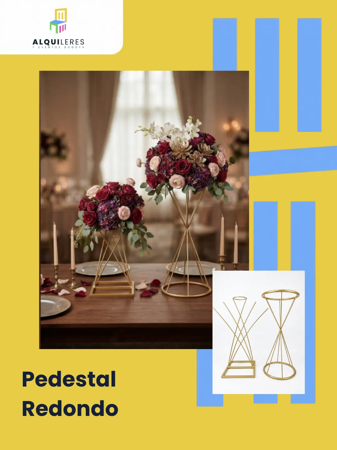 Pedestales redondos dorados tipo reloj de arena con centros de mesa florales