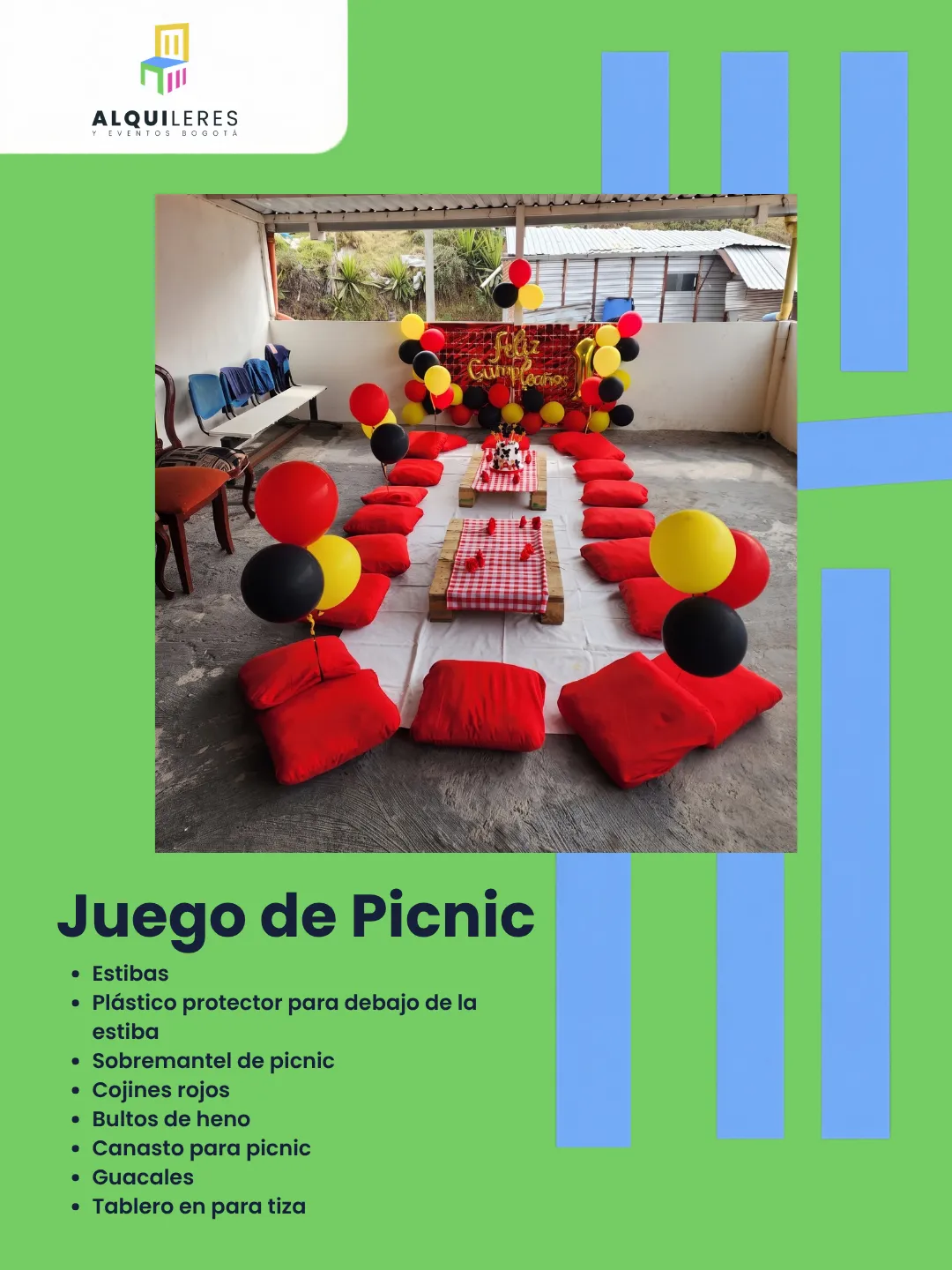Picnic infantil con estibas, mantel de cuadros rojos y cojines rojos en terraza cubierta