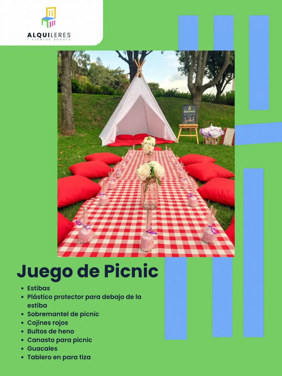 Picnic en jardín con tipi blanco, mesa larga de estibas, mantel de cuadros rojos y cojines rojos