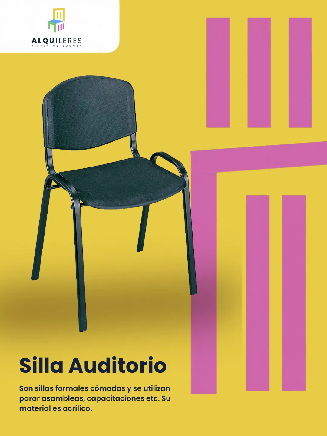 Silla auditorio negra con estructura metálica para eventos corporativos