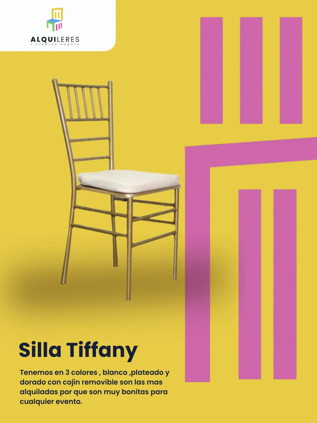 Silla Tiffany dorada con cojín blanco para alquiler de eventos en Bogotá