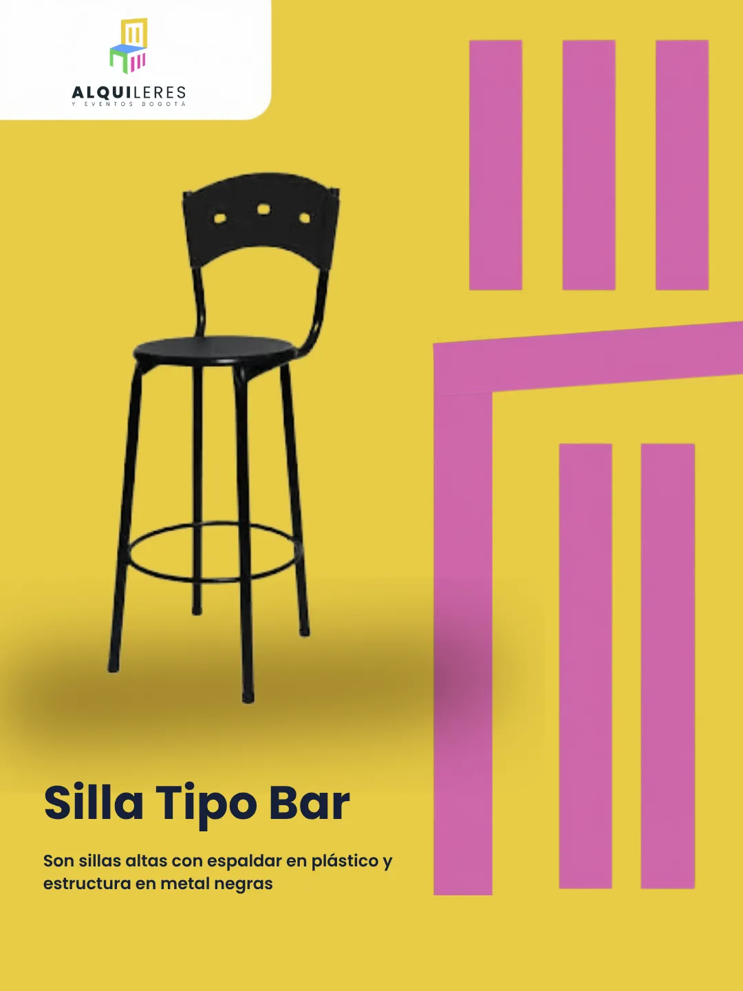 Silla alta tipo bar con estructura metálica negra y espaldar
