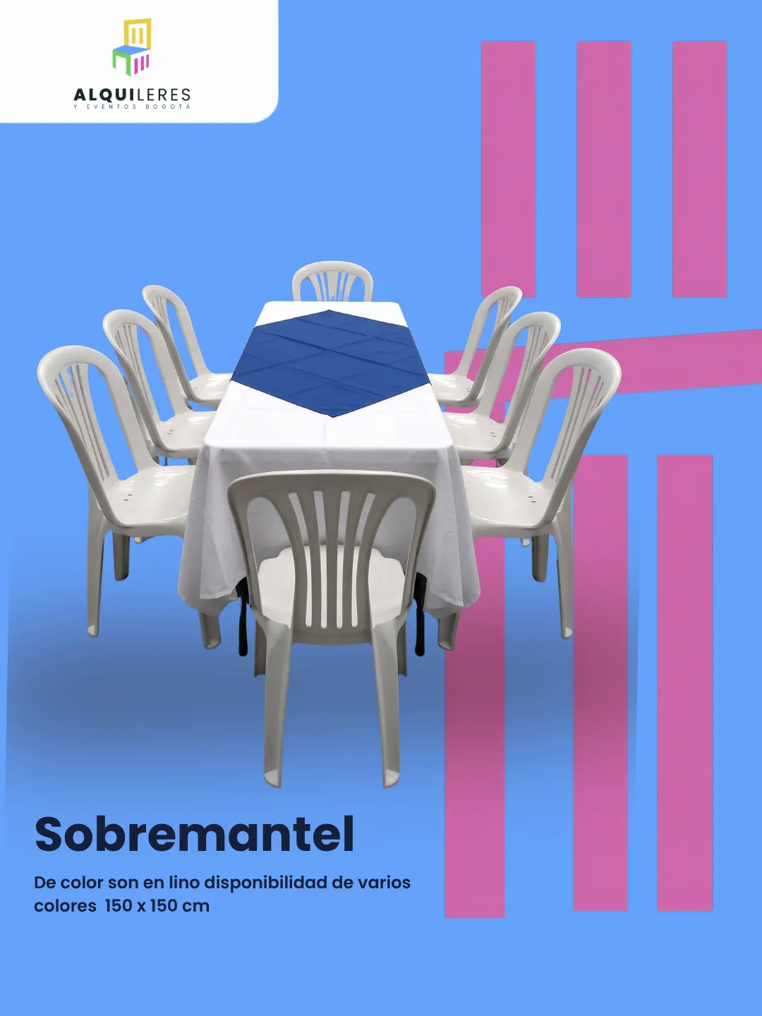 Sobremantel azul de 150 × 150 cm sobre mantel blanco en mesa rectangular