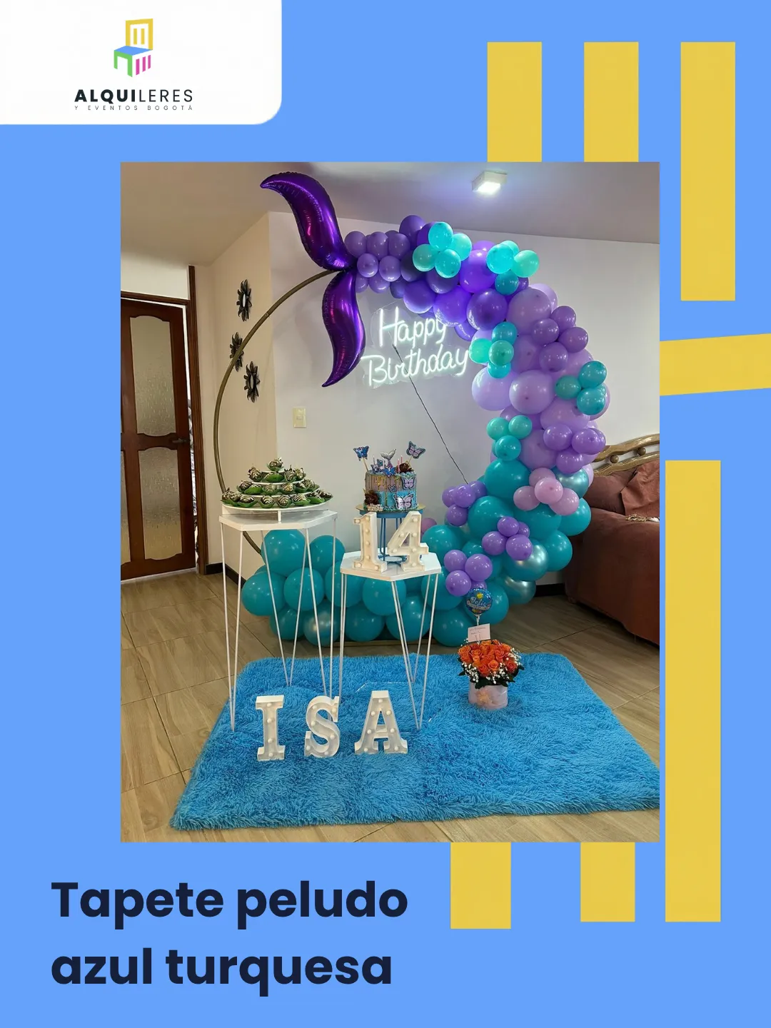 Tapete peludo azul turquesa para rincón de fotos de cumpleaños