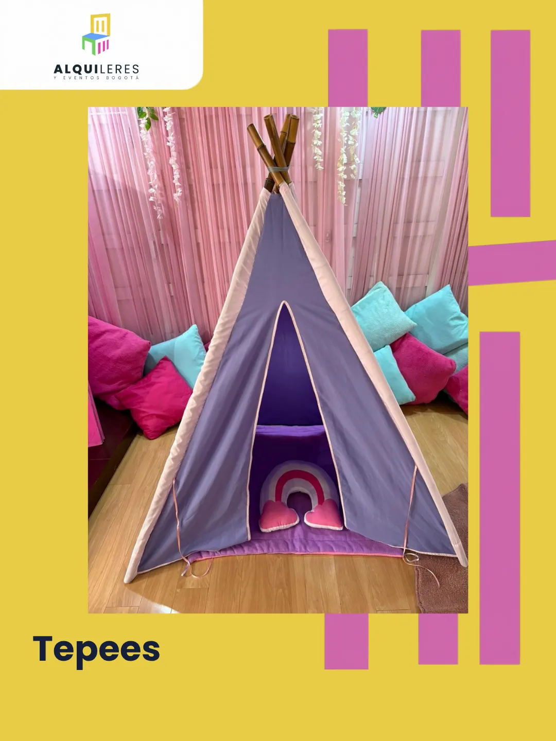Tipi lila con cojín de arcoíris y cojines rosados y turquesa para pijamada