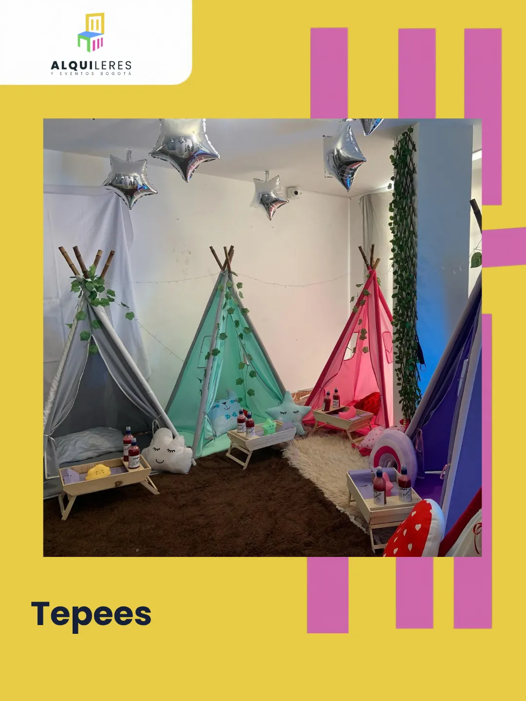 Pijamada con tres tipis en blanco, verde menta y rosado, con bandejas de desayuno y tapete peludo, alquiler de tipis en Bogotá