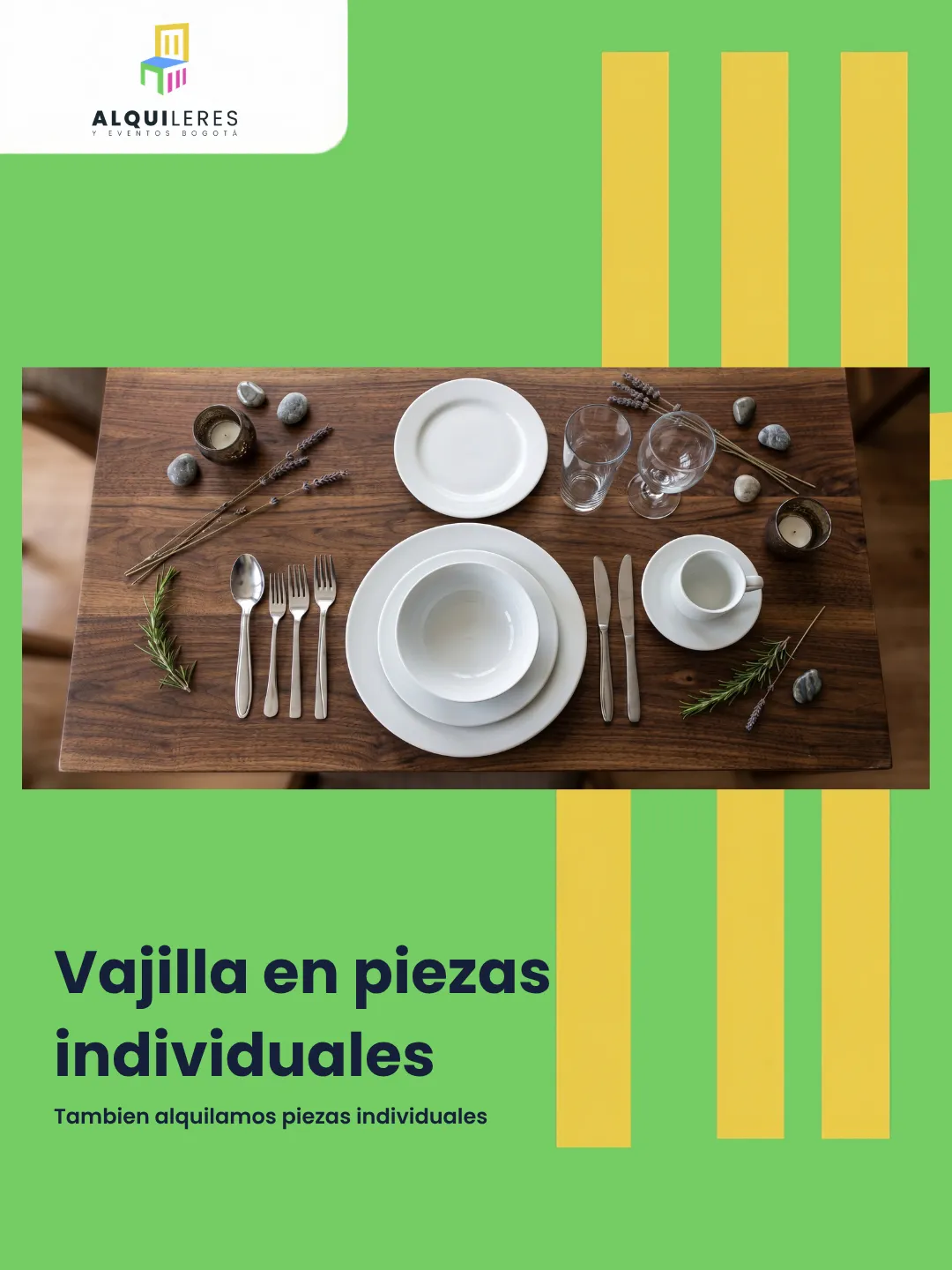 Puesto de mesa con platos, taza tipo bowl, pocillo con plato y cubiertos