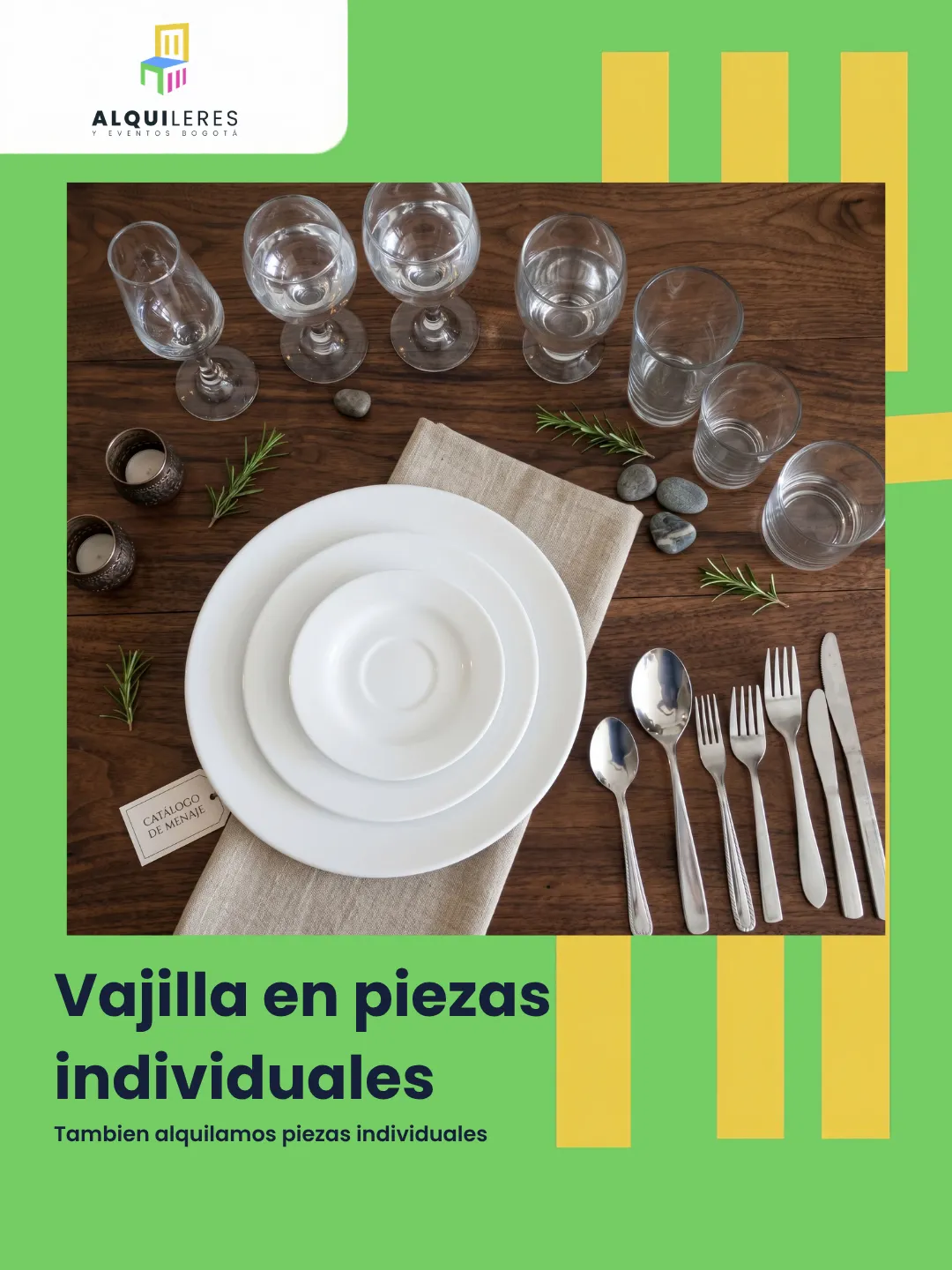 Platos de cerámica blanca, cubiertos, copas y vasos de vidrio para eventos