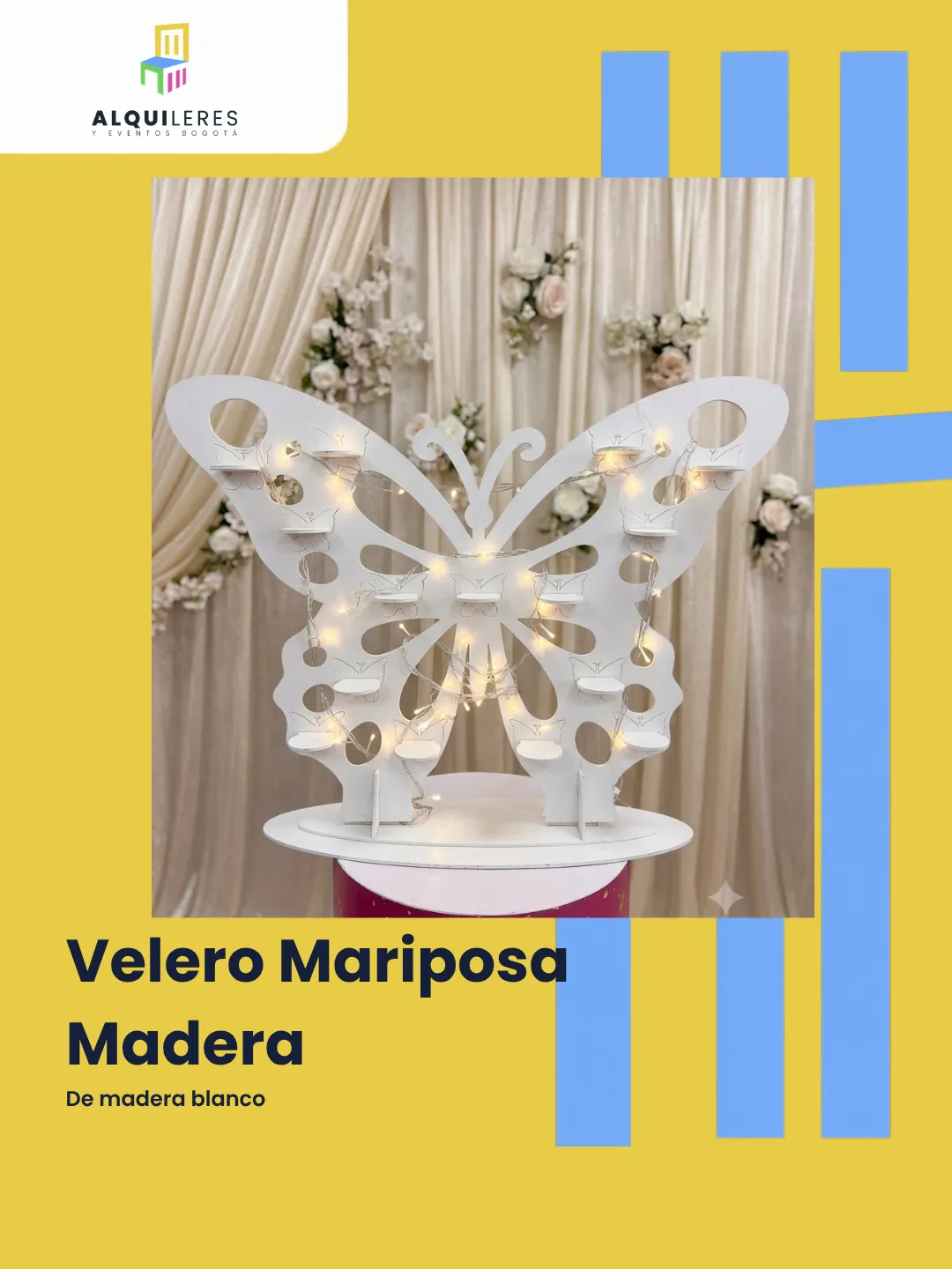 Velero mariposa en madera blanca con velas para ceremonia de quinceañera